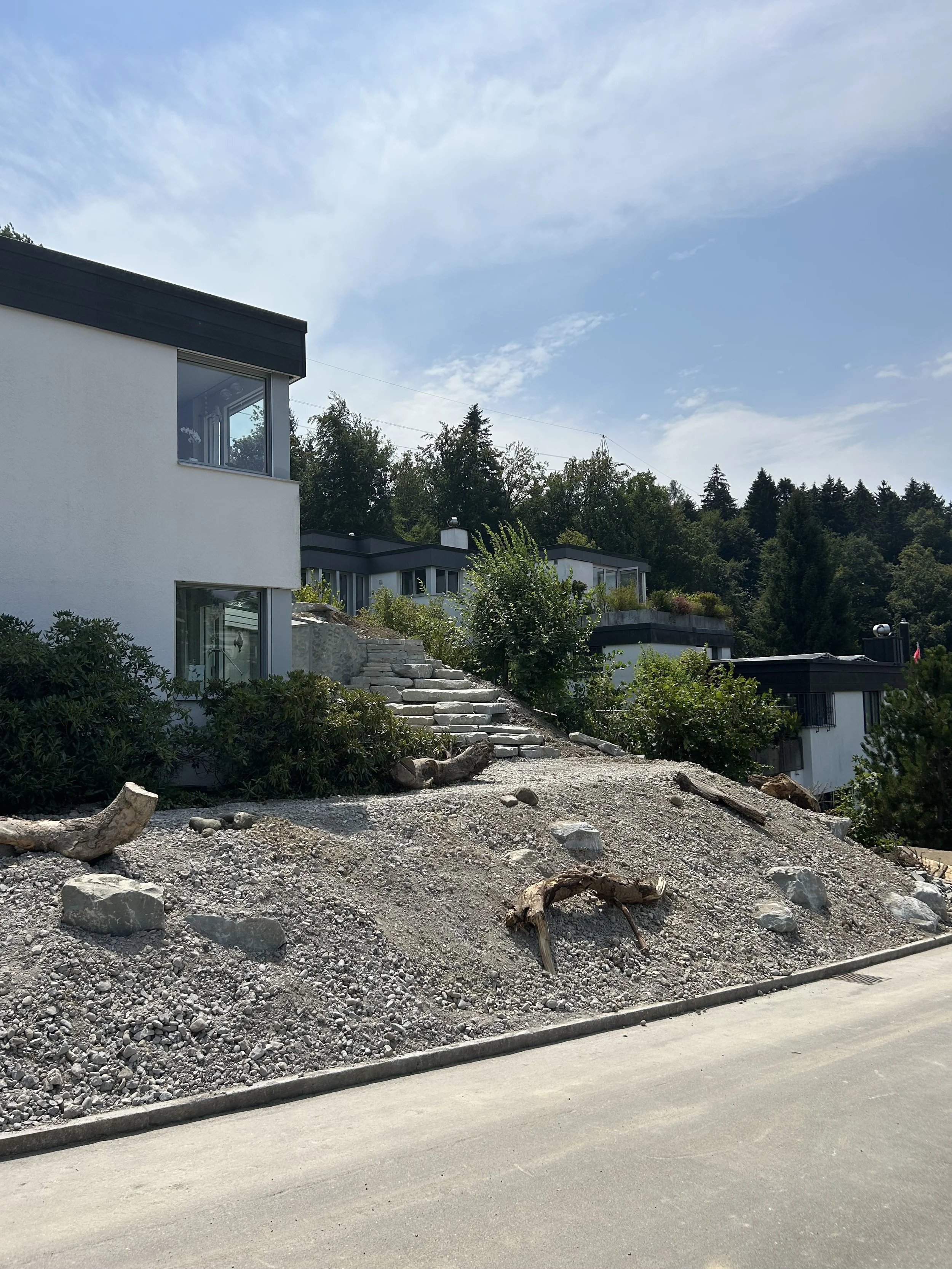 Straße vor einem modernen Haus auf einem Hügel, mit Steinen und Wurzeln im Boden, im Hintergrund Bäume und Himmel mit wenigen Wolken.