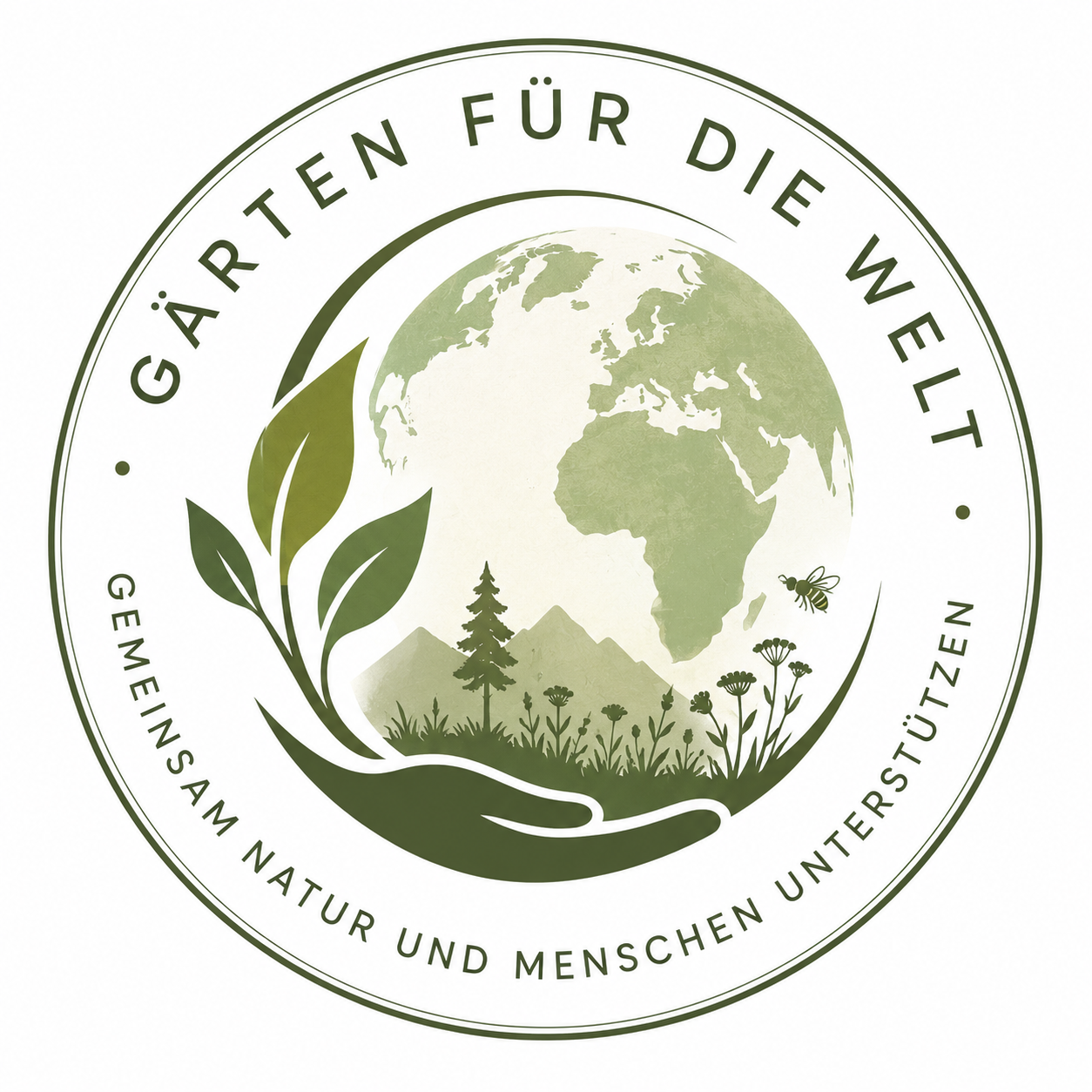 Ein grünes Logo mit einem Globus, Bäumen, Bergen, einer Biene und Pflanzen, mit einem Kreisrahmen, der den Text 'Gärten für die Welt' und 'Gemeinsam Natur und Menschen unterstützen' enthält.