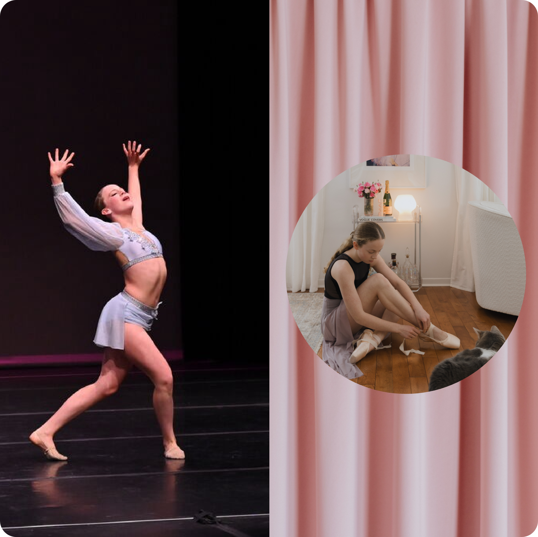 A ballerina performing on stage, wearing a white costume with silver embellishments, raising her arms gracefully. The background is black, and her shadow is visible on the stage floor. The right side shows a cozy room with pink curtains, a small table with a bouquet of pink flowers, champagne bottles, glasses, and a white lamp, with a woman sitting on the floor tying her shoes.