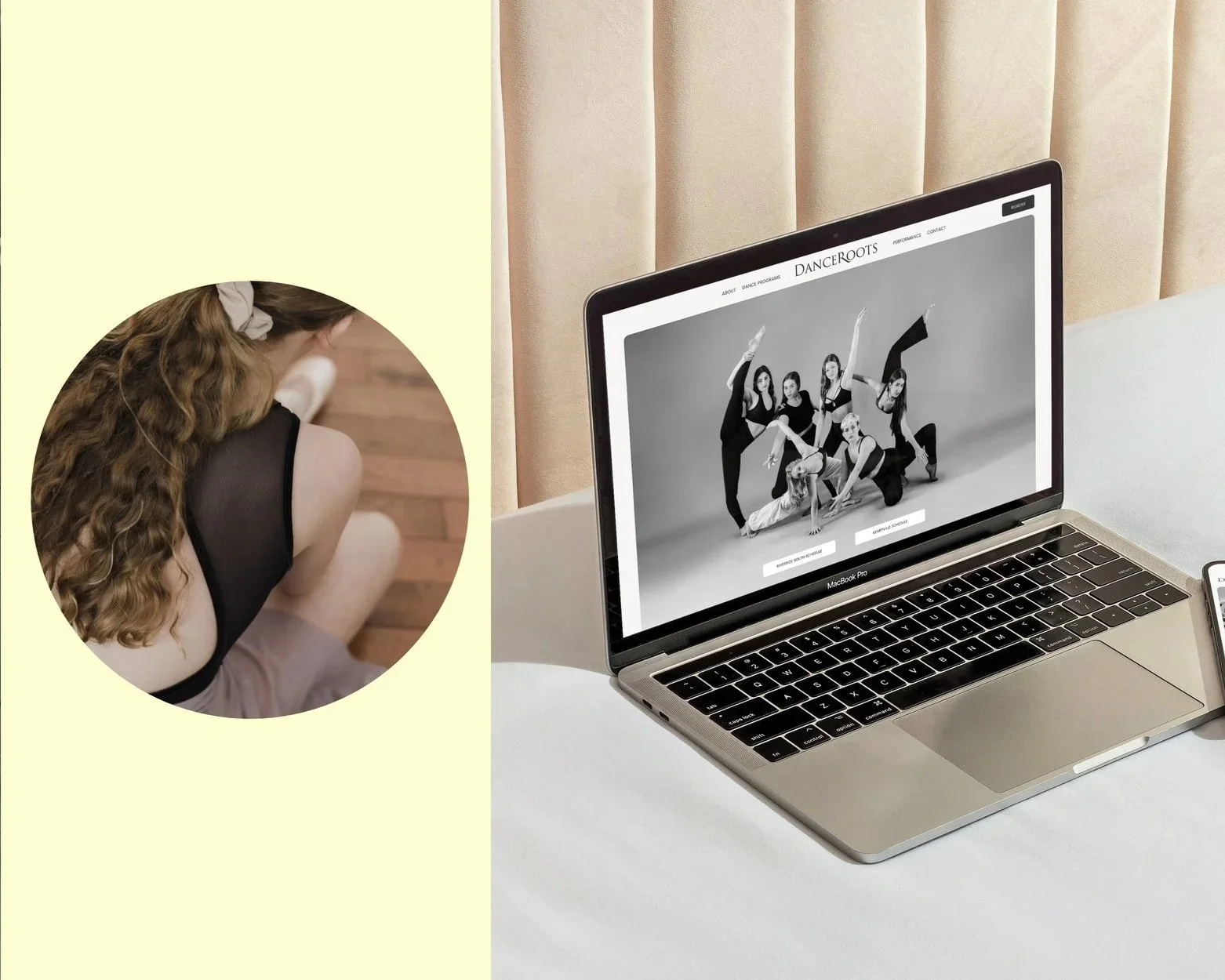 Photo of a person with long wavy hair sitting on a wooden floor, wearing a black top and beige shorts, with their back to the camera. A laptop displaying a dance group photo and a phone are on the table in front of them.