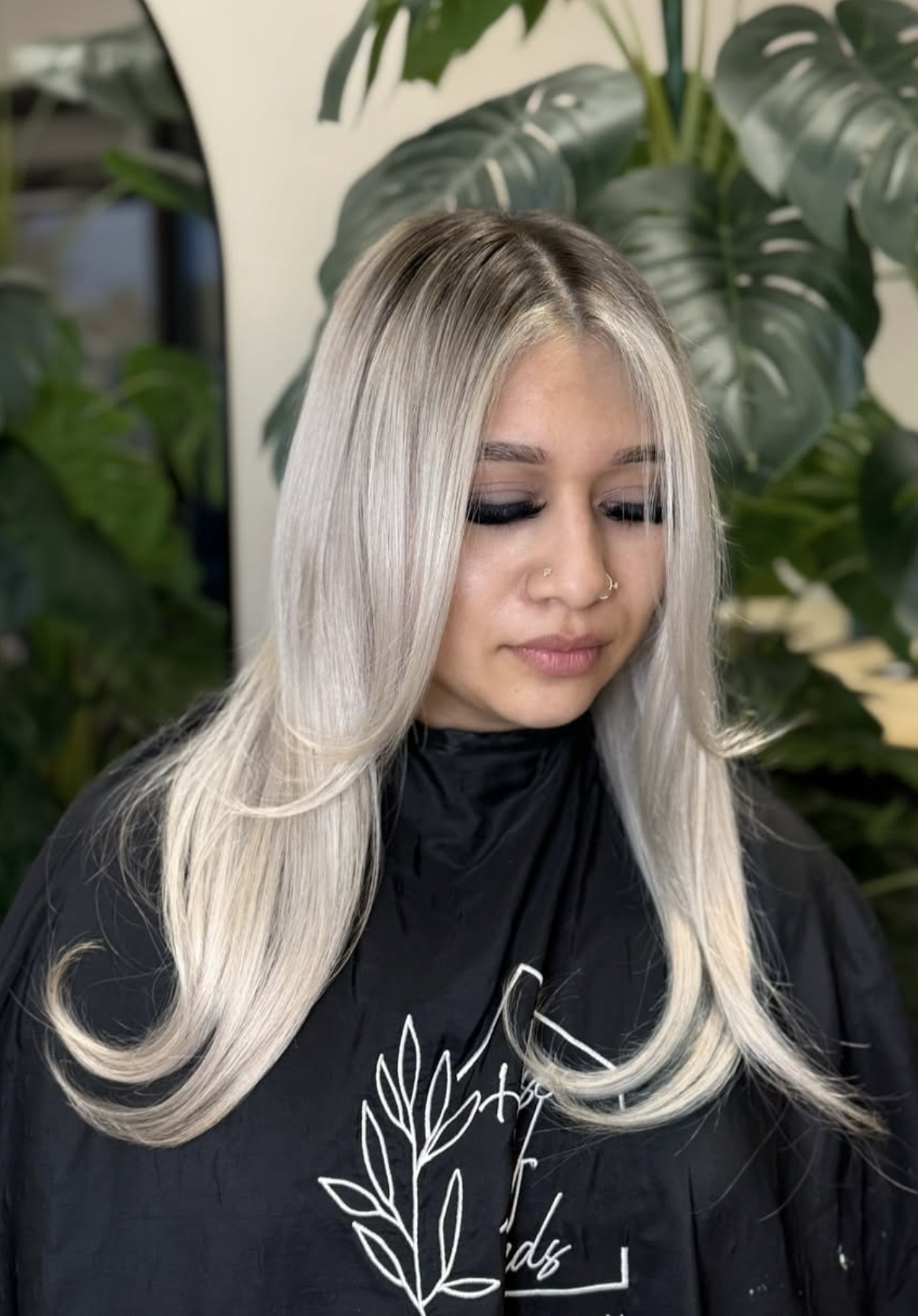 Platinum blonde hair color service at Salem hair salon