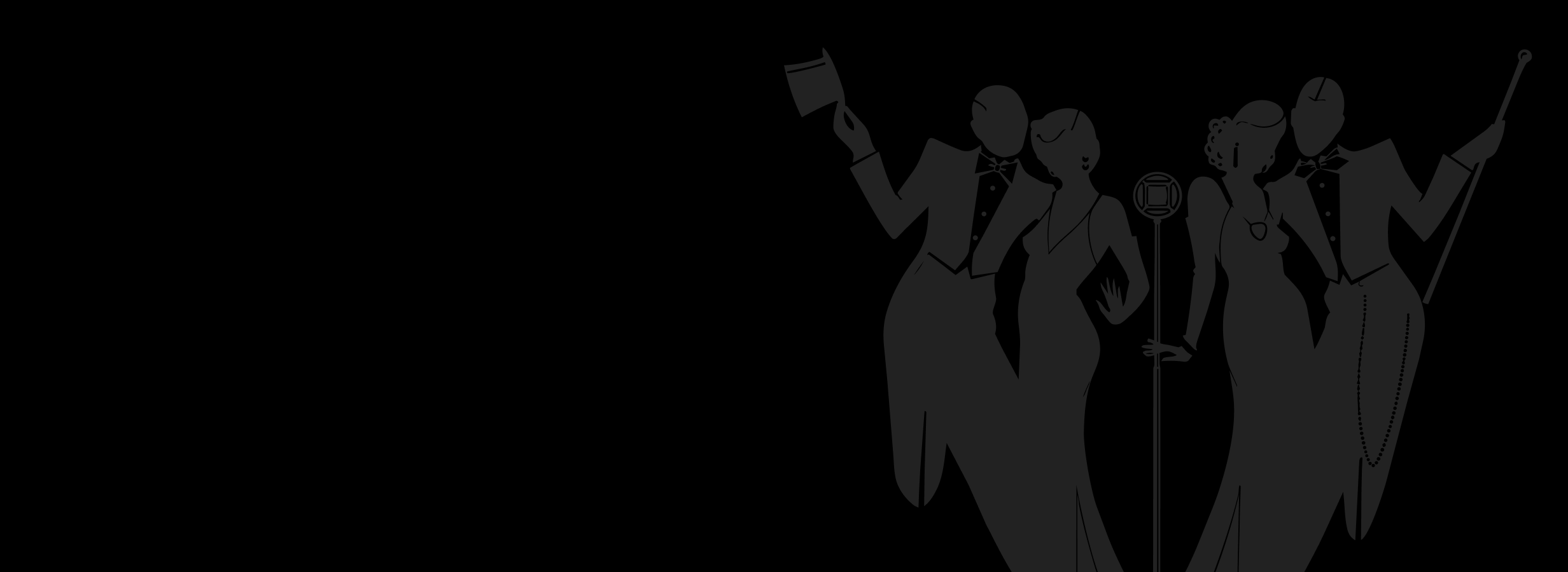 Black silhouette illustration of four performers dressed in vintage style, with a microphone and musical notes, representing a musical or entertainment scene.
