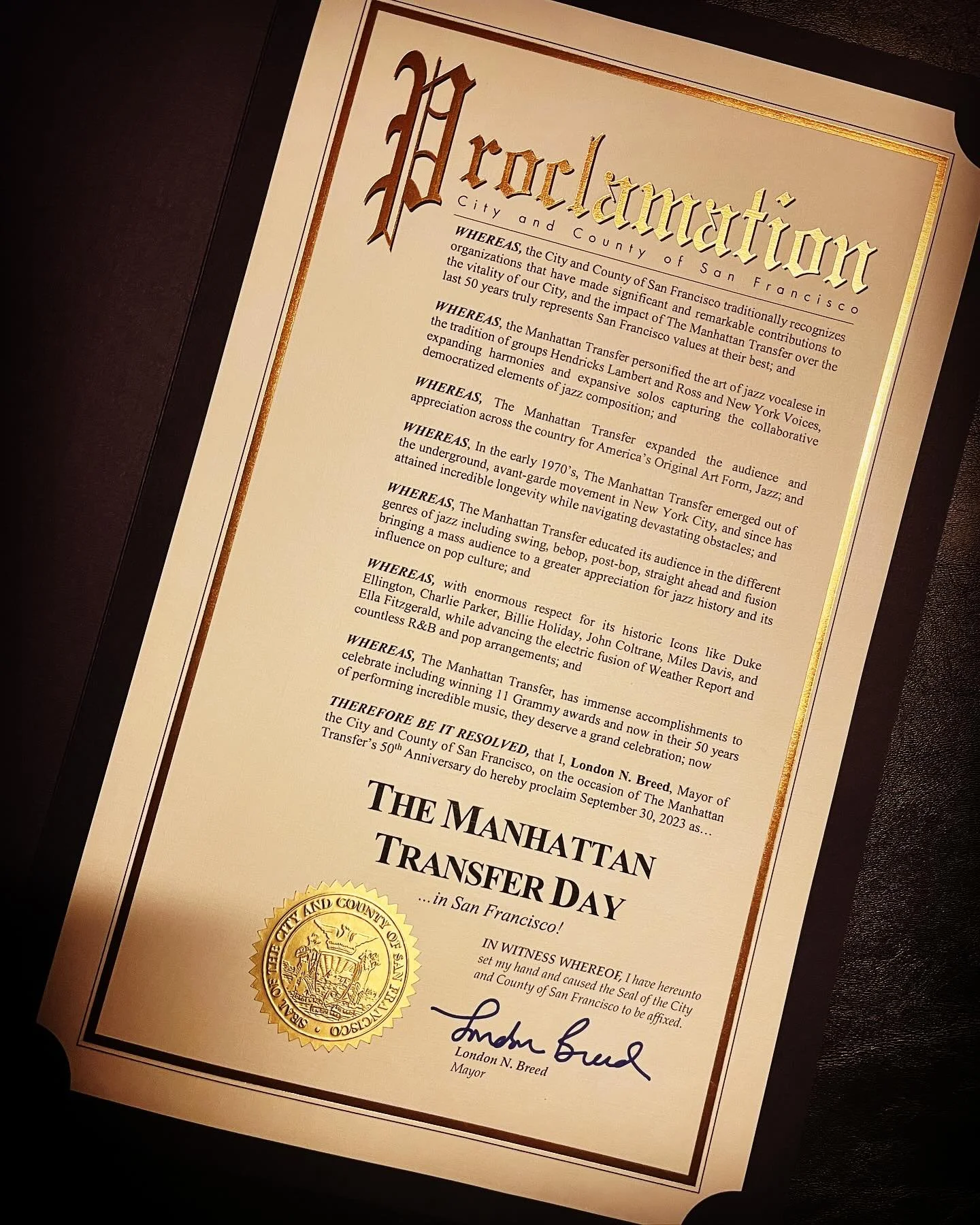Happy TMT Day, San Francisco! What an honor to be recognized by Mayor @londonbreed after a fantastic run at @sfjazz. Cheers to 50 years of harmony! 🥂 🎤