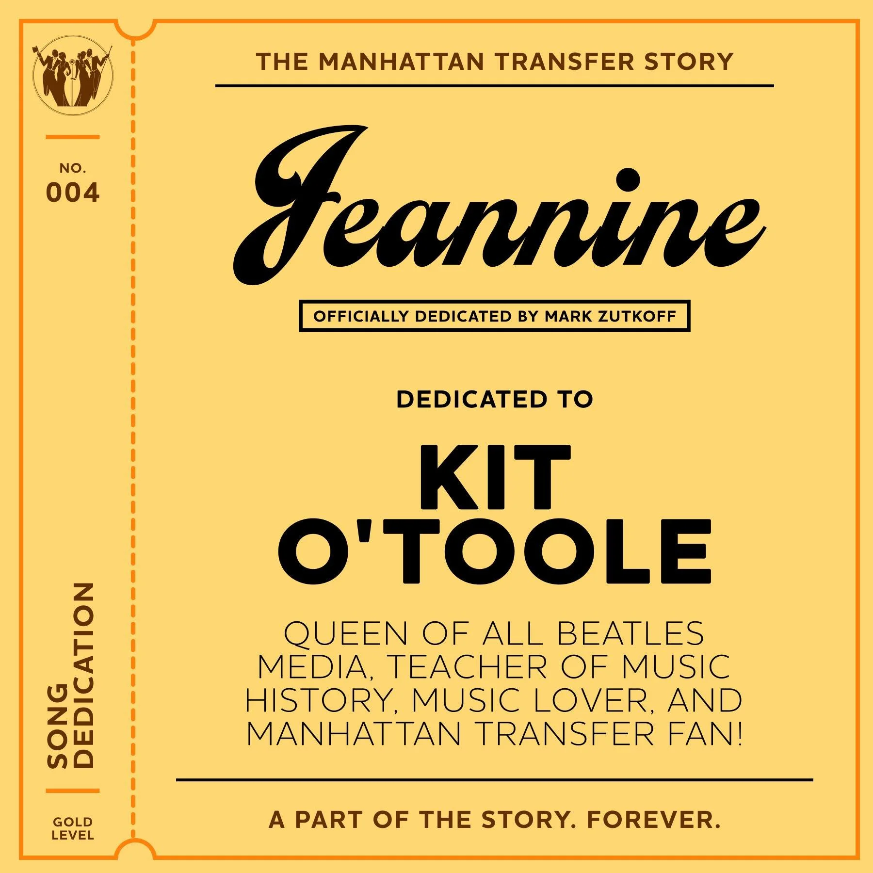 This one&rsquo;s for Kit O&rsquo;Toole! 💛

Thank you to Mark Zutkoff for officially dedicating &ldquo;Jeannine&rdquo; to Kit, a music history teacher, Beatles expert, music lover, and Manhattan Transfer fan.

We&rsquo;re grateful for your support in