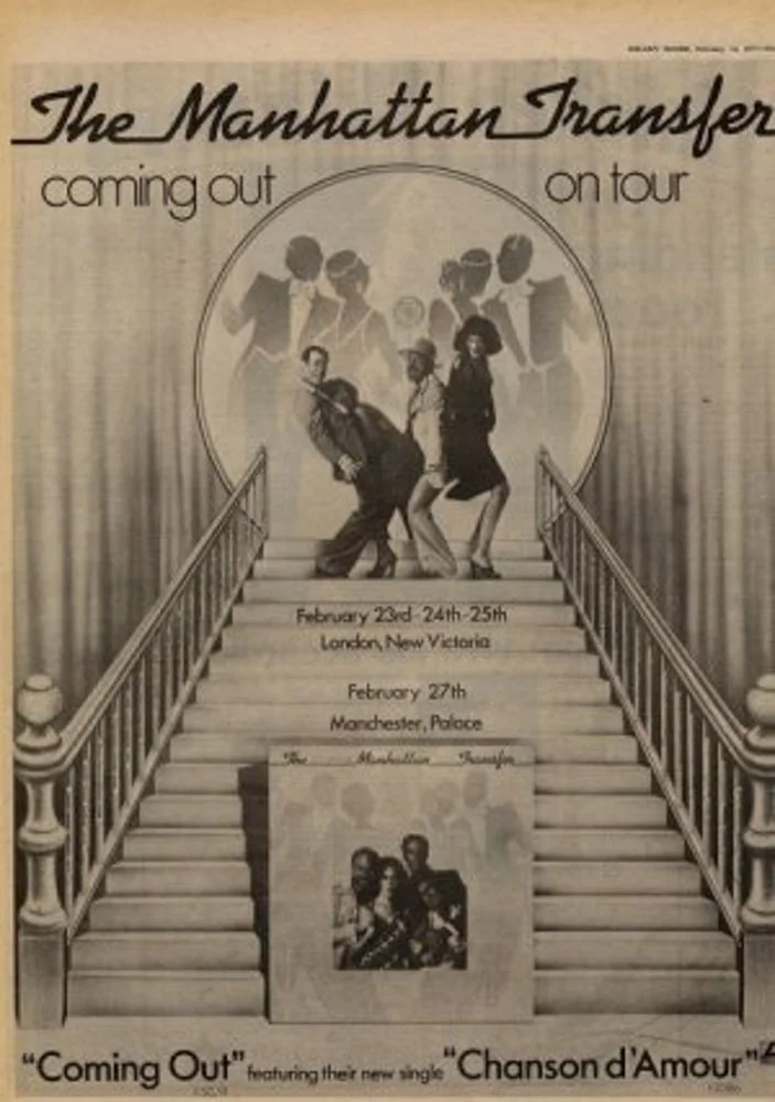 A promotional poster for the musical 'The Manhattan Transfer' featuring their upcoming tour dates in London, New Victoria, February 23rd to 25th, and Manchester, Palace, February 27th. The poster includes an illustration of a staircase with a band of