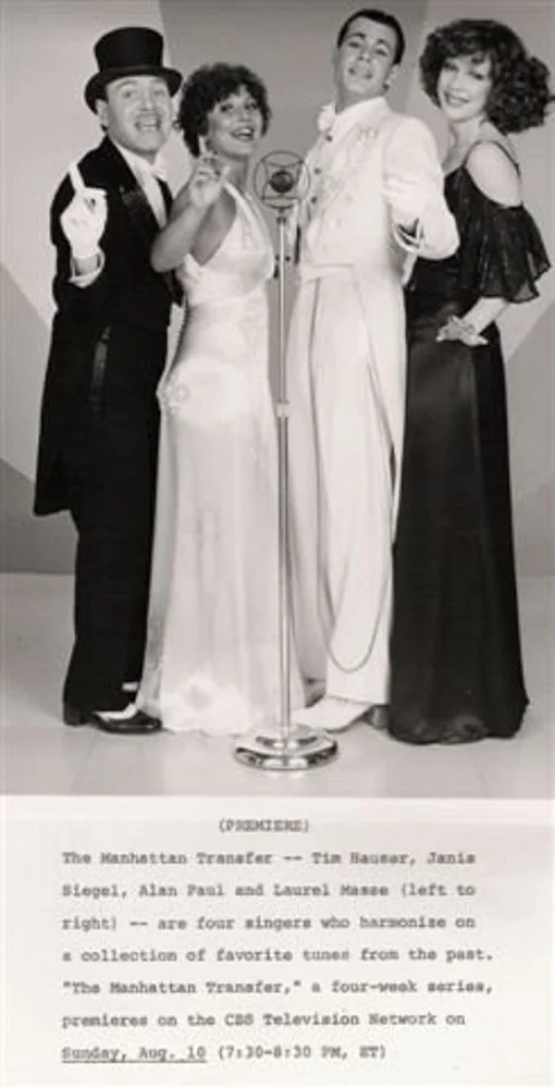 Four performers dressed in vintage attire standing behind a microphone, smiling, with a background and brief description of a TV series below.