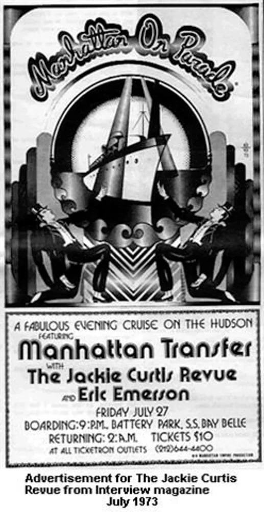 Vintage black and white poster advertising a cruise on the Hudson River, featuring a ship and dancing performers. The event is called Manhattan On Parade, with a performance by Manhattan Transfer, Jackie Curtis Revue, and Eric Emerson. It takes place