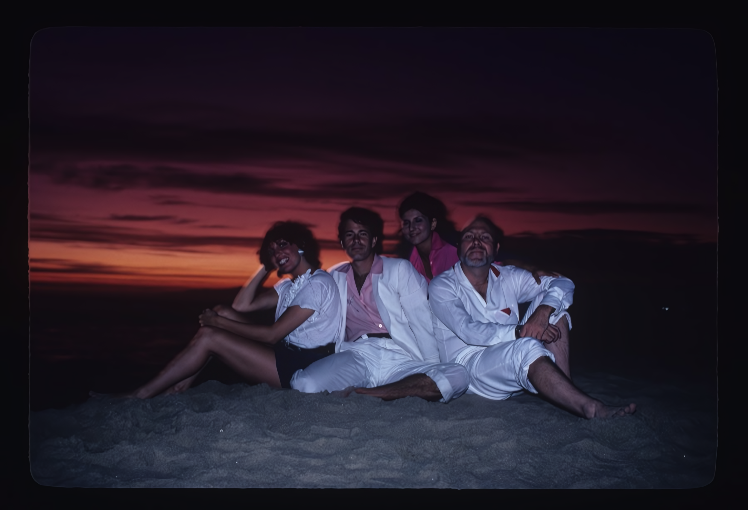 Four people sitting on the beach at sunset with dark sky and colorful clouds in the background.