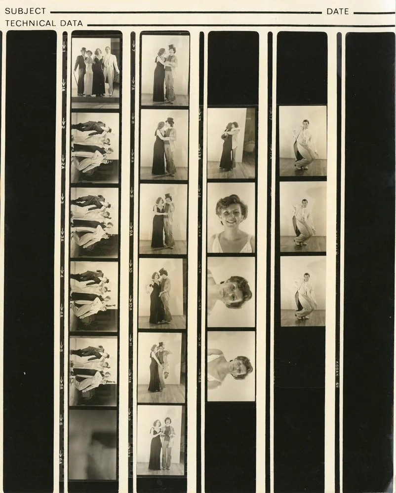 Black and white contact sheet showing multiple photos of two women embracing, posing, and interacting in a studio, and one close-up portrait of a smiling woman.