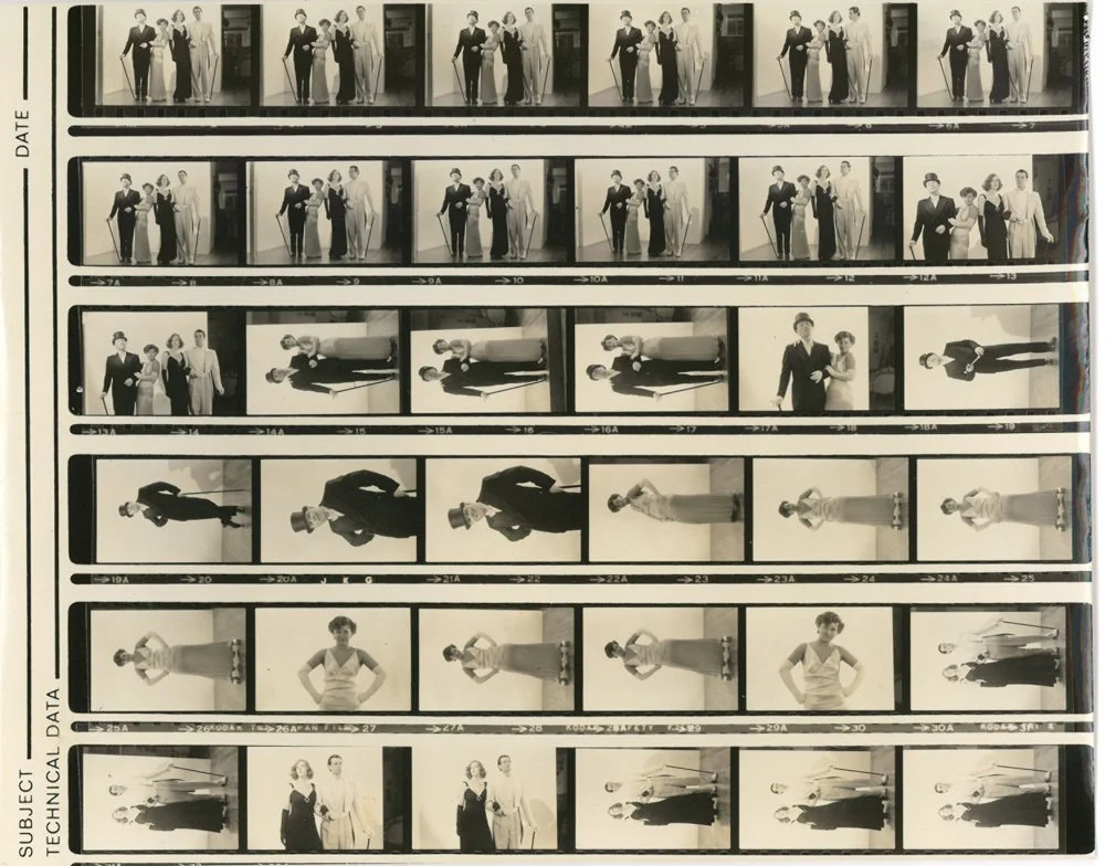 Contact sheet with black-and-white photographs of a man and woman in period clothing, posing together and separately against plain backgrounds.