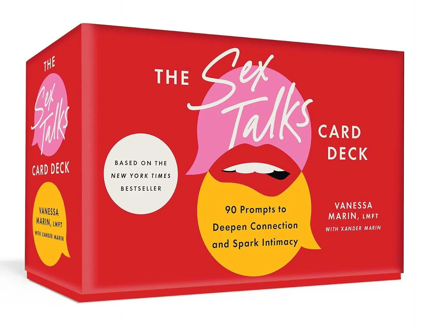 Red box titled "The Sex Talks Card Deck" by Vanessa Marin, LMFT, with Xander Marin, featuring illustrations of lips in speech bubbles, and text indicating it includes 90 prompts for deepening connection and sparking intimacy, based on the New York Times bestseller.