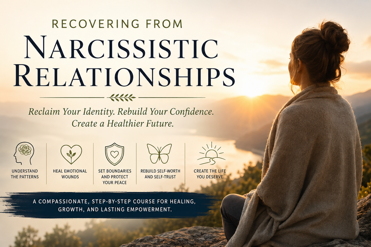 A woman sitting outdoors during sunset, looking at mountains and a river. The image promotes recovering from narcissistic relationships, with text about healing and rebuilding self-worth, and icons representing understanding patterns, healing emotional wounds, setting boundaries, rebuilding self-trust, and creating a healthier future.
