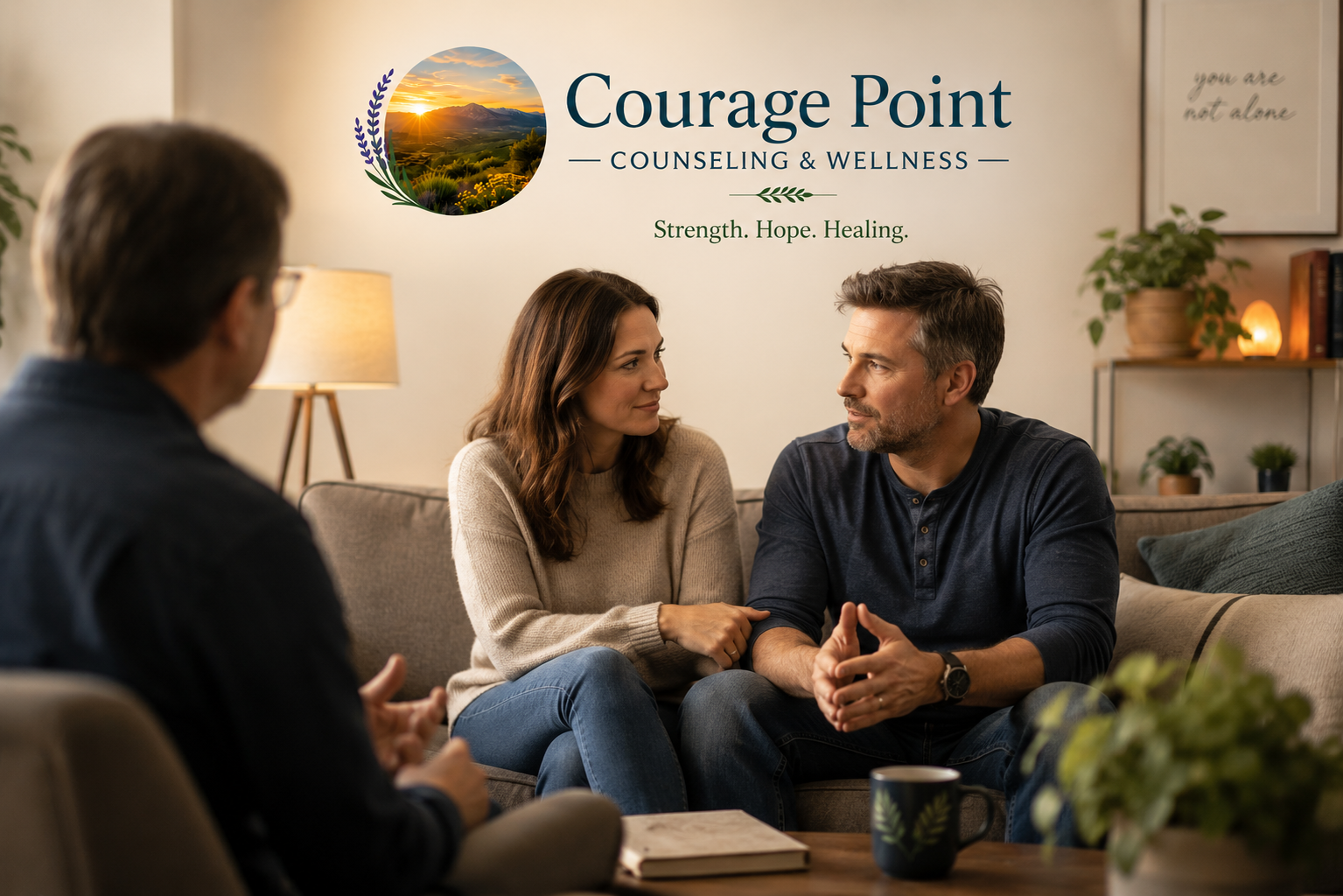 A woman and a man sitting on a couch in a counseling session with a counselor, with a sign that reads 'Courage Point Counseling & Wellness' in the background.