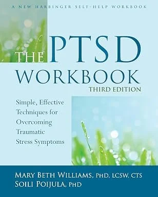 Cover of the book titled 'The PTSD Workbook, Third Edition' by Mary Beth Williams, featuring a light blue background with a green leaf and water droplets.