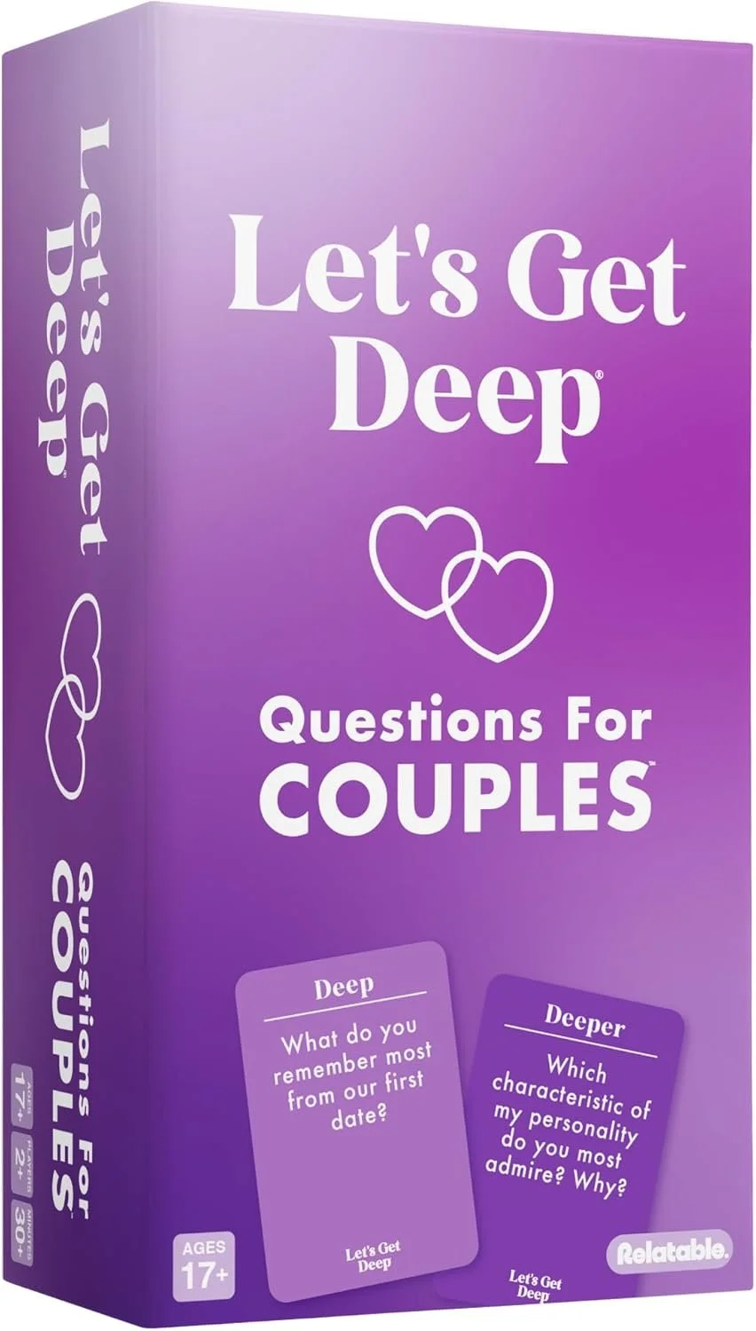 Purple box with white text that reads "Let's Get Deep: Questions For Couples" and features two overlapping hearts. Additional text includes questions like "What do you remember most from our first date?" and "Which characteristic of my personality do you most admire? Why?" It is labeled for ages 17 and up and branded as Relatable.