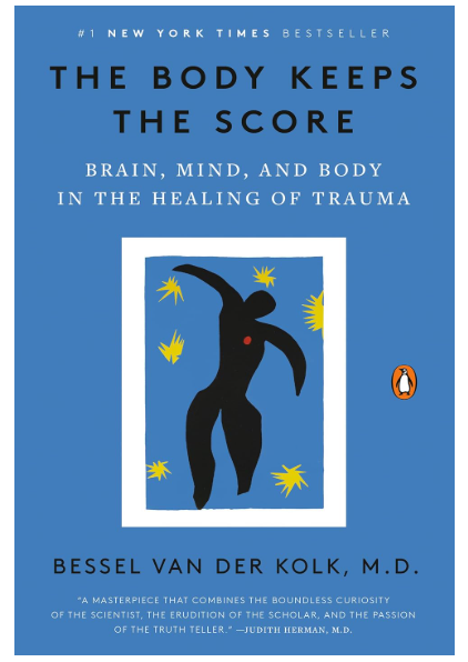The cover of a book titled "The Body Keeps the Score" by Bessel van der Kolk, M.D., with a blue background, an illustration of a black human figure with red spots, surrounded by yellow star-like shapes, and the Penguin logo at the bottom right corner.