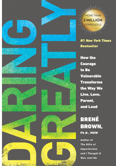 Book cover titled "Daring Greatly" by Brené Brown, featuring a vertical gradient background with blue, green, yellow, and black. The cover highlights that over 2 million copies sold, a New York Times bestseller, and discusses overcoming vulnerability and transforming lives.