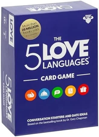 The box of the 5 Love Languages card game, featuring a blue background with colorful icons representing different love languages and text highlighting it as a conversation starter and date idea.