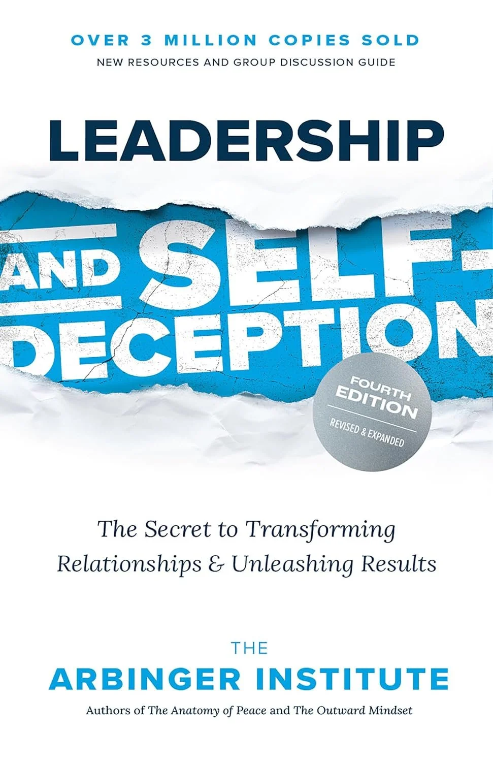 Book cover titled "Leadership and Self-Deception" with a torn paper design revealing the subtitle and other text