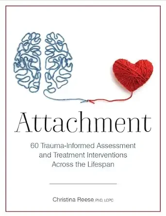 Book cover titled 'Attachment: 60 Trauma-Informed Assessment and Treatment Interventions Across the Lifespan' by Christina Reese, PhD, LCPC, with a graphic of a brain made of a tangled blue string connected to a red heart-shaped string.