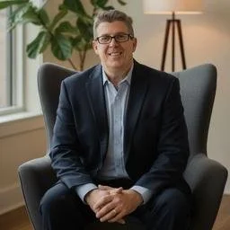 A man in a suit sitting in a modern office chair, smiling, with a window and plants in the background.