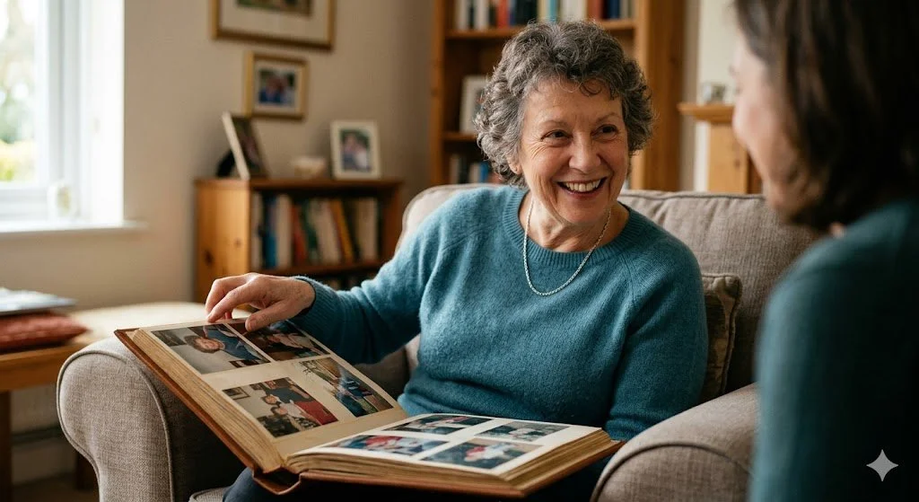 Women sharing memory book after loss, focusing on the good times while moving through grief.