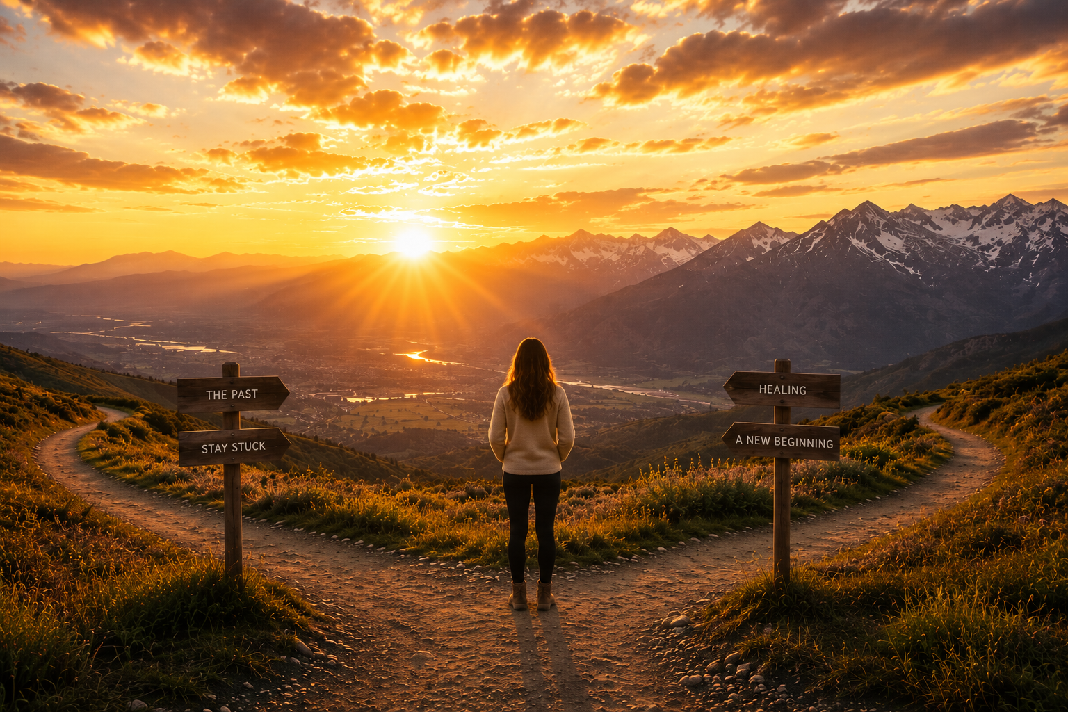 A woman stands on a forked dirt path overlooking a valley and mountain range at sunset. Signposts point to the left labeled 'The Past' and 'Stay Stuck', and to the right labeled 'Healing' and 'A New Beginning'.
