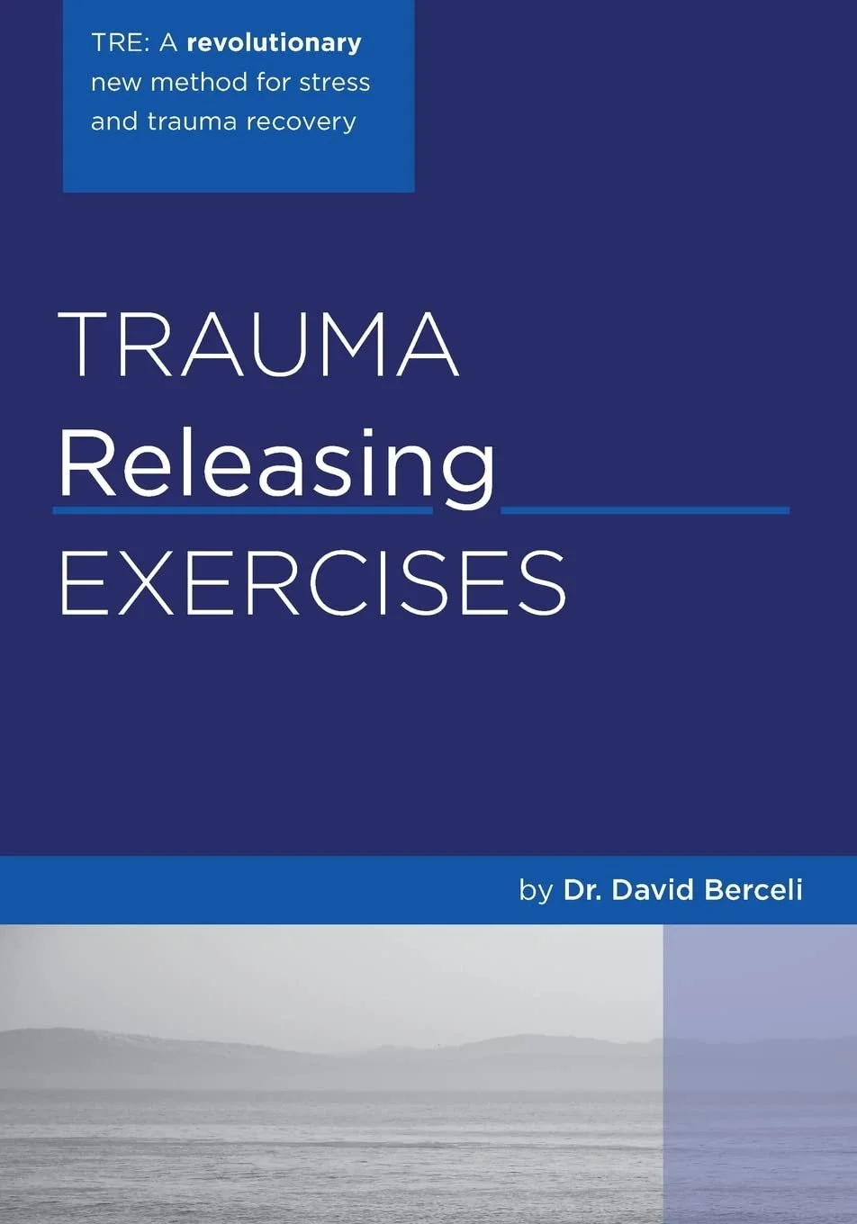 Book cover titled "Trauma Releasing Exercises" by Dr. David Berceli, featuring a blue background with a tranquil, gray landscape at the bottom.