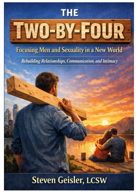 Book cover titled "The Two-By-Four: Focusing Men and Sexuality in a New World" by Steven Geisler, LCSW. The cover shows a man carrying a large wooden beam, with a sunset over a lake and two people sitting on a dock watching the sunset in the background.