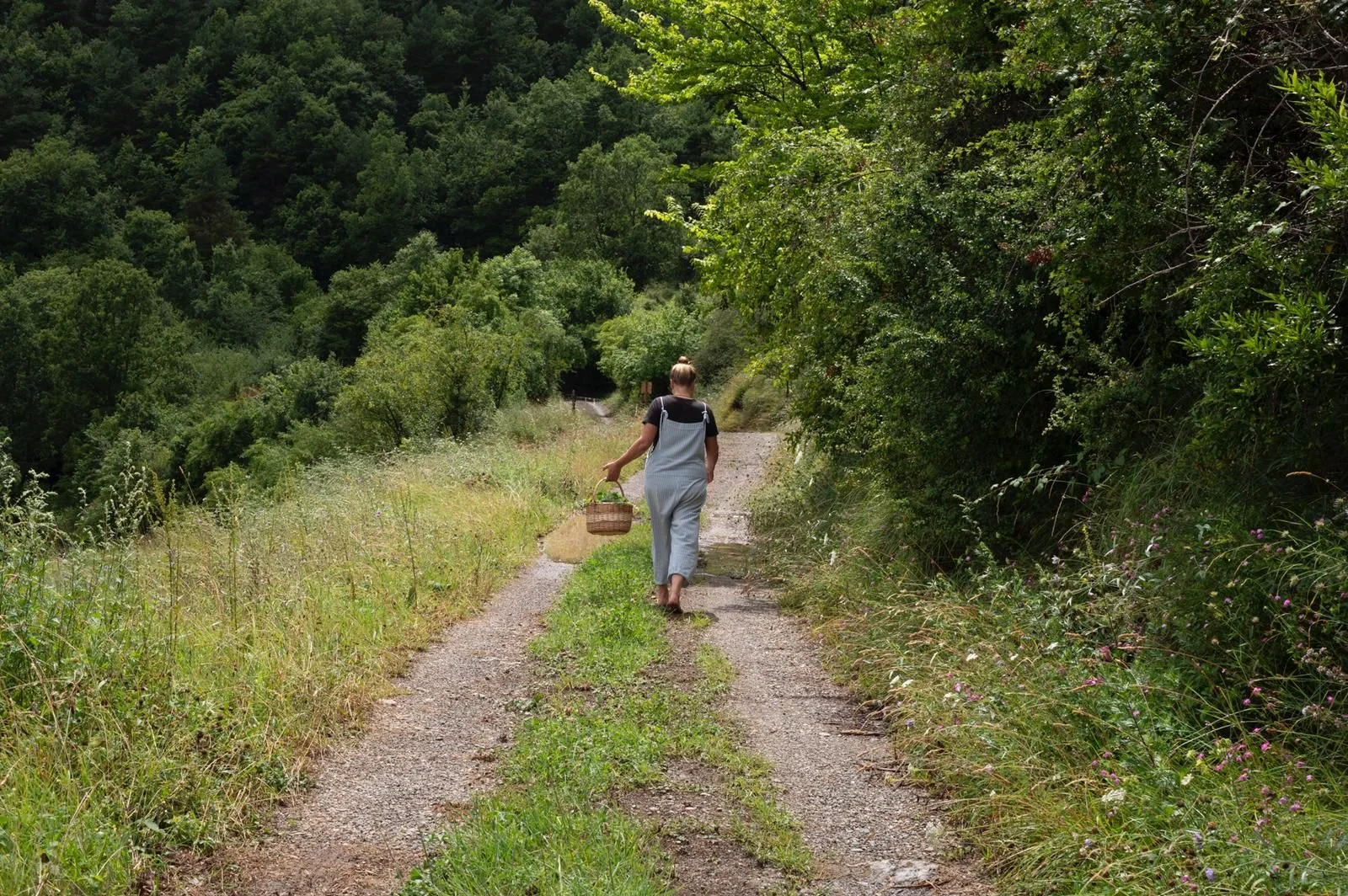 A person walking along a dirt trail in a lush green forest, carrying a basket and dressed in a black shirt and gray overalls.