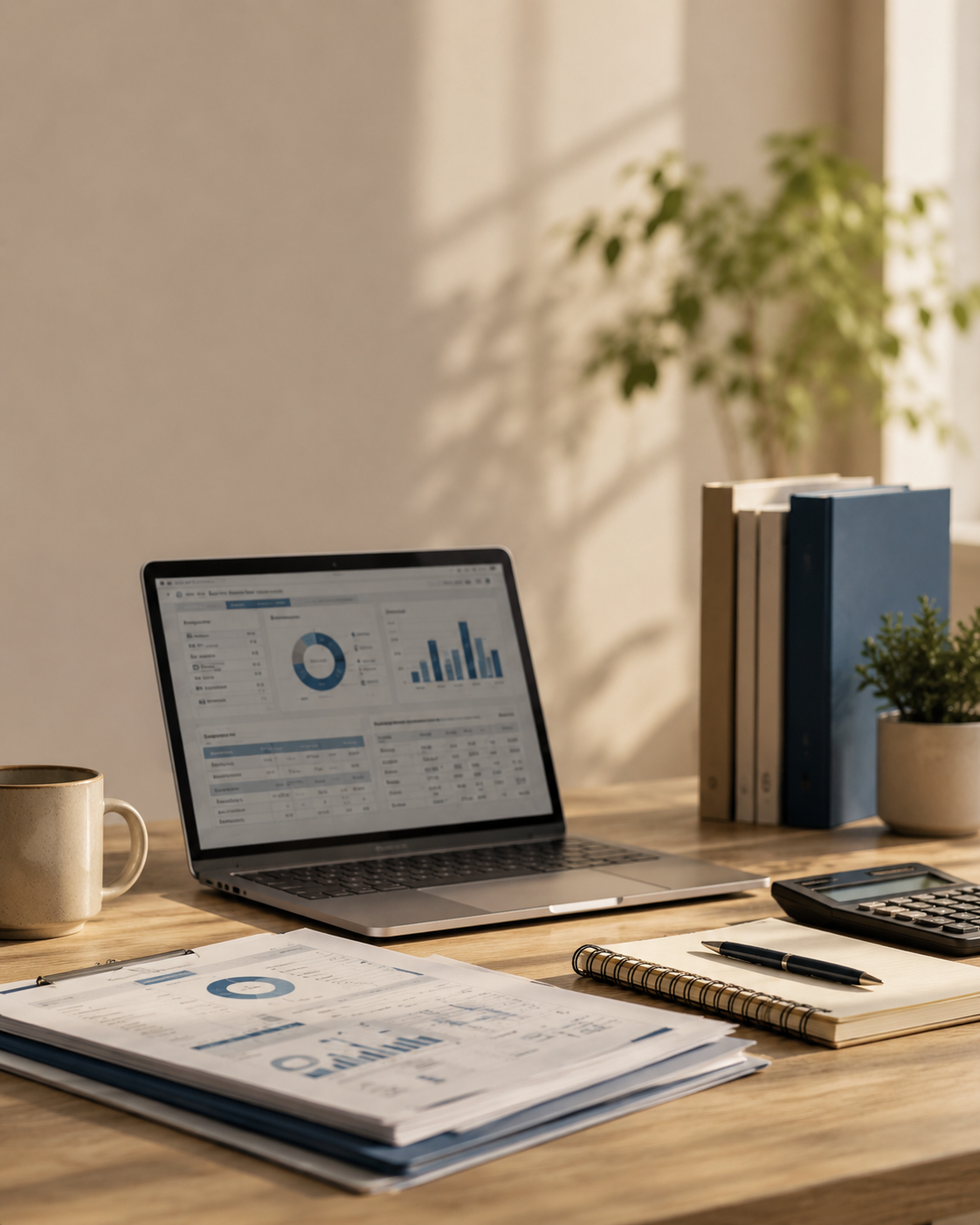A workspace with a laptop displaying graphs and charts, a cup, notebooks, papers, a calculator, pens, vertically stacked books, and a potted plant on a wooden desk in natural light.