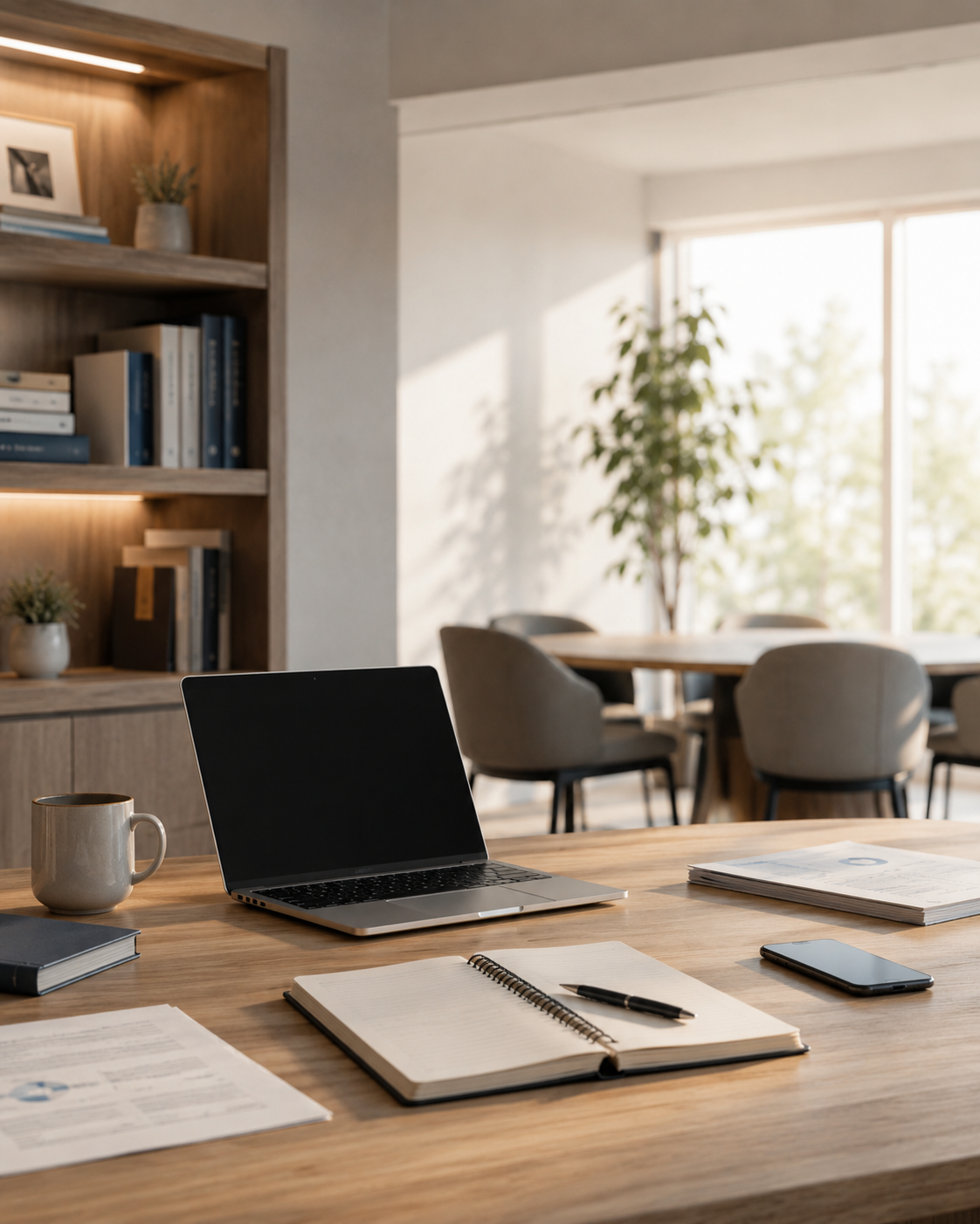 A modern workspace with a wooden table, open laptop, notebook, pen, smartphone, and a coffee mug. In the background, there's a dining area with chairs around a round table, large window, and a potted plant.