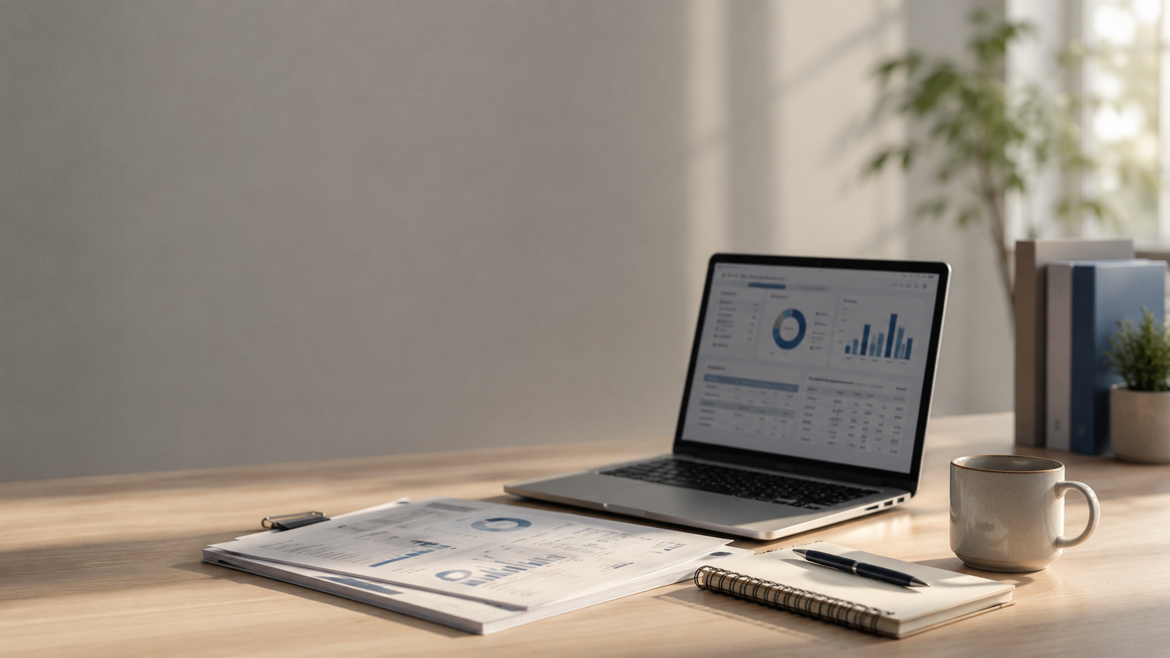 A workspace with a laptop displaying data charts, a coffee mug, a pen, notebooks, and printed reports on a wooden desk, with a potted plant and sunlight in the background.