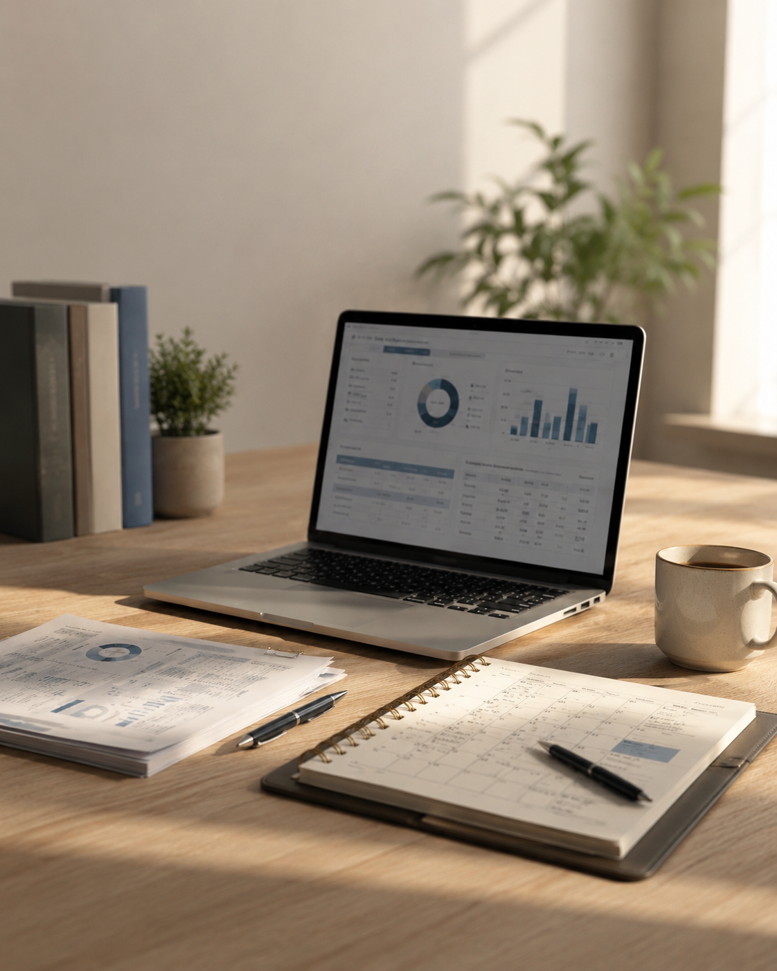 A workspace with a laptop displaying business analytics, a notebook, and a pen on a wooden desk. In the background, there are books, a potted plant, and a cup of coffee or tea.