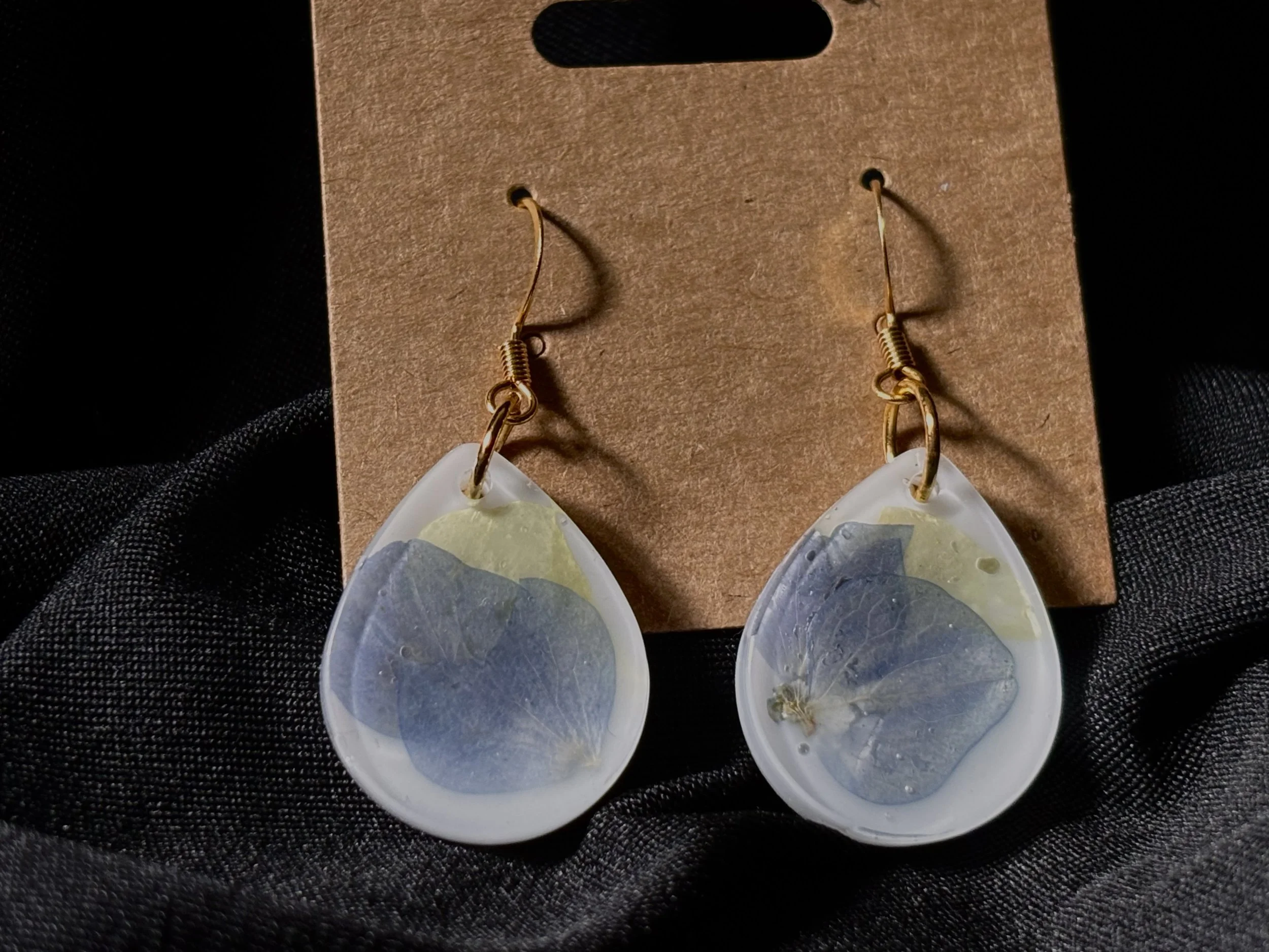 Tear drop shaped pressed flower earrings