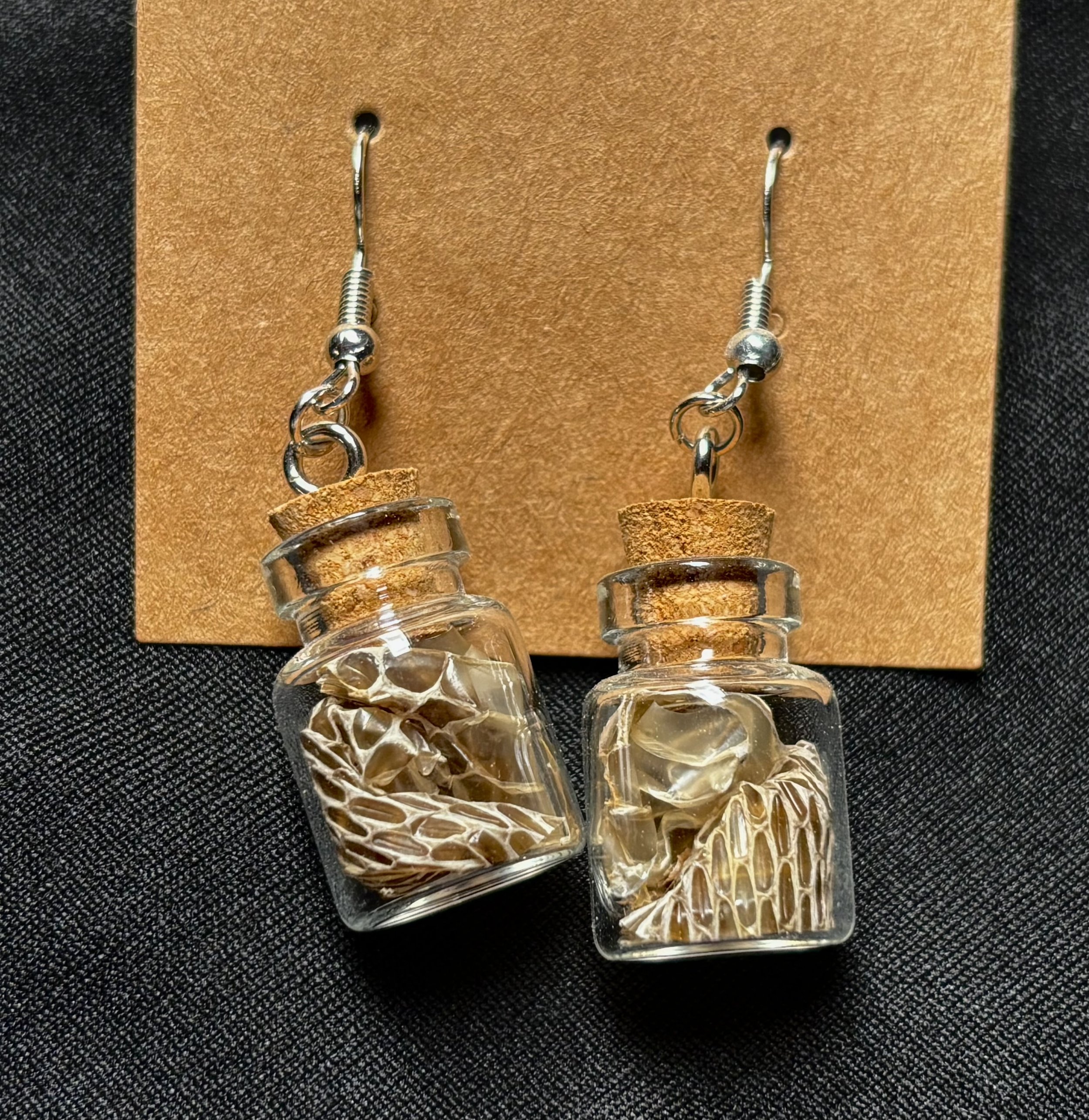 Snake shed oddity jar earrings