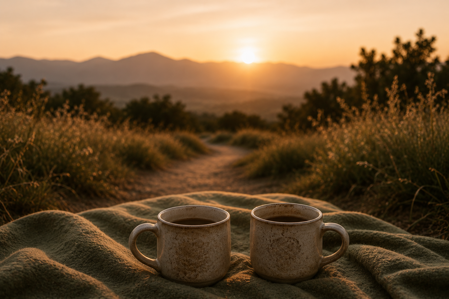 Two mugs of coffee on a blanket during sunrise in a desert landscape with mountains in the background.