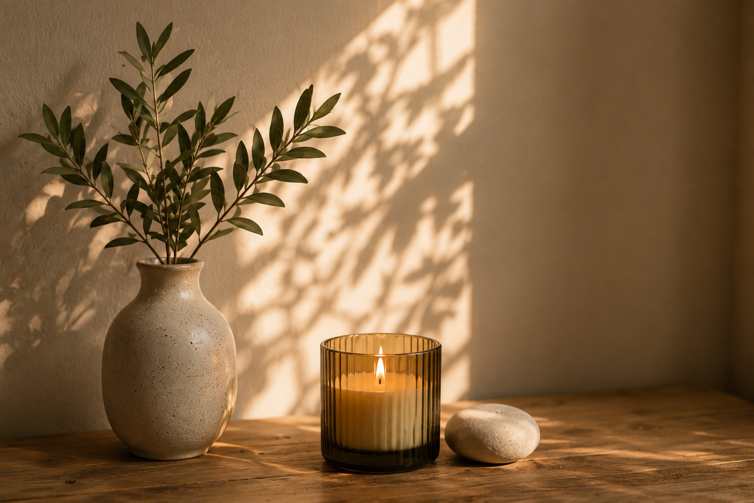 Vase with green leafy plant, lit candle in a glass holder, and a smooth stone on a wooden surface, with shadowed wall in background.