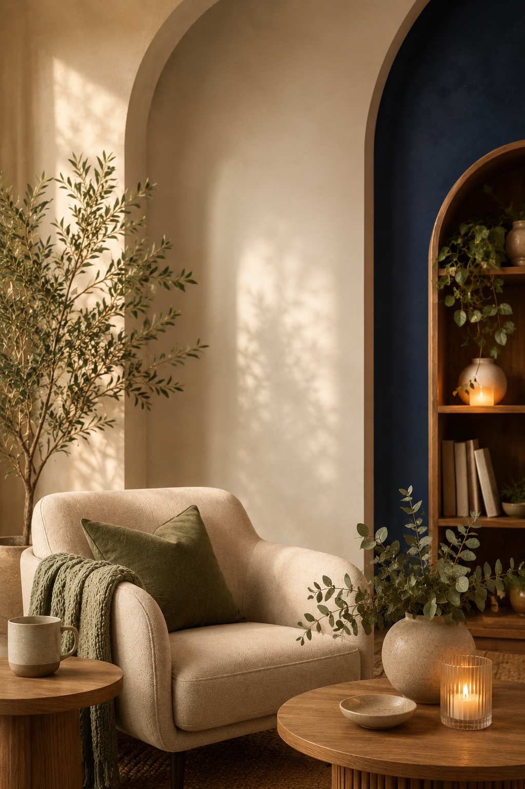 A cozy living room corner with a beige armchair, a green throw blanket, and a matching pillow. There is a small round wooden side table with a ceramic mug, and a larger wooden coffee table with a vase of greenery, a candle, and a small dish. A tall potted plant is next to the armchair, and a wooden bookshelf with plants, books, and decorative items is in the background. Sunlight creates shadows on the wall.