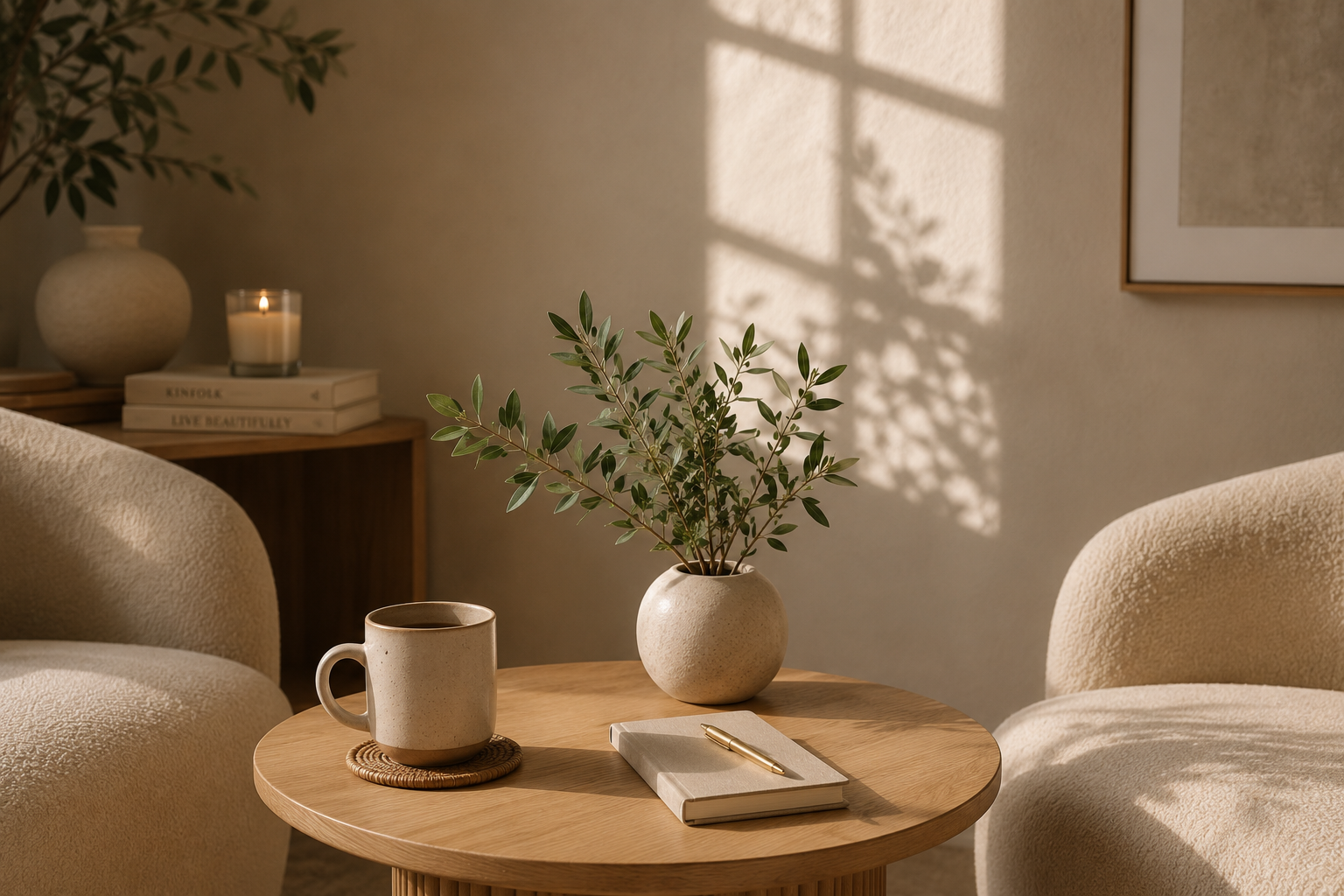 Cozy living room corner with a round wooden table holding a potted green plant, a beige mug, a closed notebook, and a gold pen. In the background, a side table with a stack of books, a lit candle, and a large beige vase, with sunlight casting shadows on the wall.