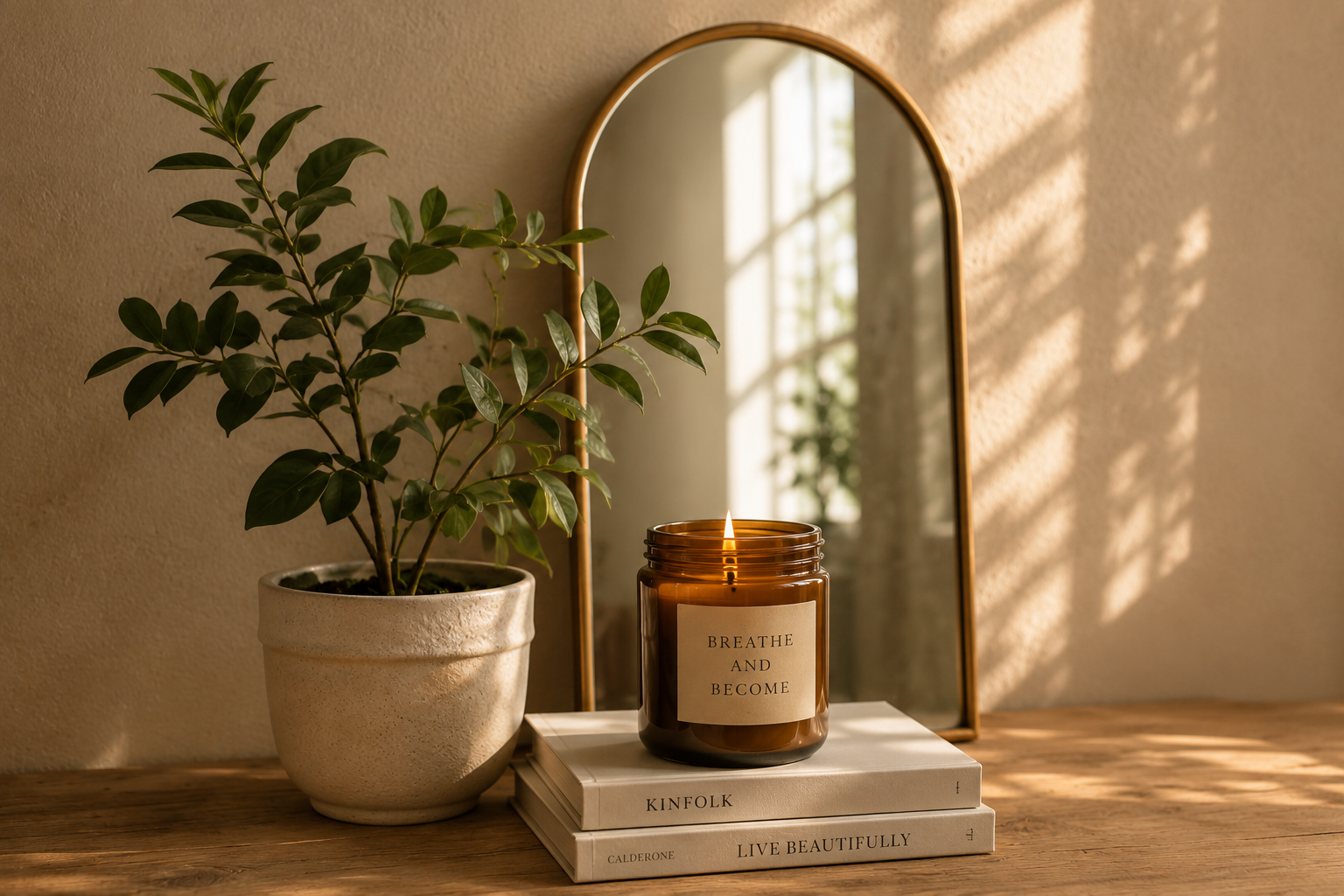Decorative wooden table with a potted green plant, a lit candle in a brown jar with a label saying 'Breathe and Become,' two stacked books titled 'Kinfolk' and 'Live Beautifully' beneath the candle, and a tall, curved mirror reflecting a window with sunlight and shadow patterns.