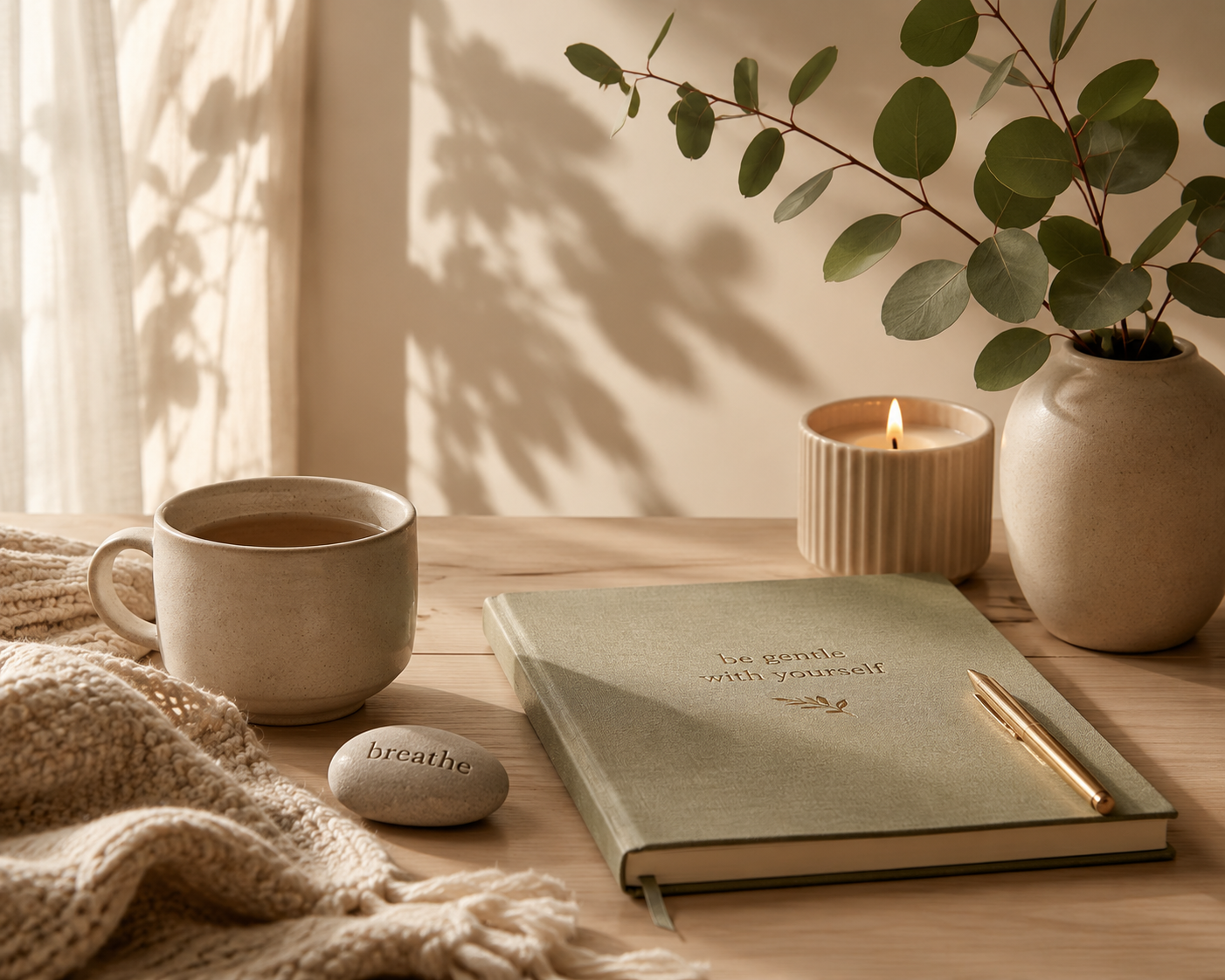 A cozy tabletop scene with a beige mug of tea, a stone with the word "breathe" engraved, a green notebook with "be gentle with yourself" on the cover, a gold pen, a lit beige candle, and a vase with eucalyptus branches, all illuminated by soft natural light.