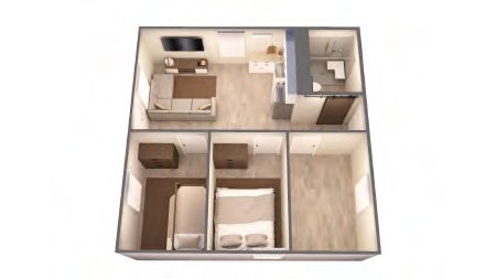 A 3D floor plan of a two-bedroom apartment with a living room, kitchen, bathroom, and two bedrooms.