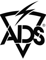 The image features a black logo with the word 'ADS' inside a shield-like shape, with a lightning bolt above it.