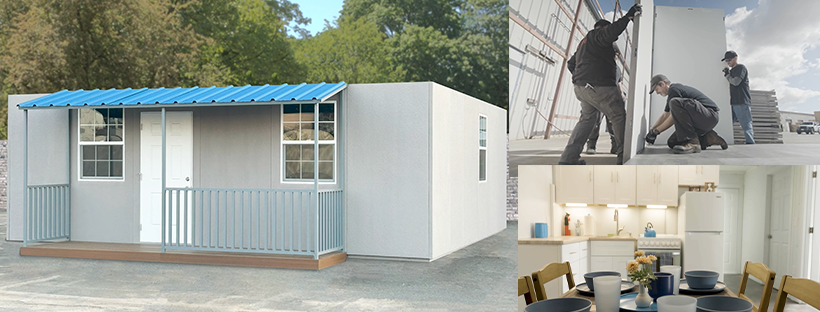 Collage of three images: a tiny house with a blue roof, construction workers building, and a furnished kitchen with a dining table.
