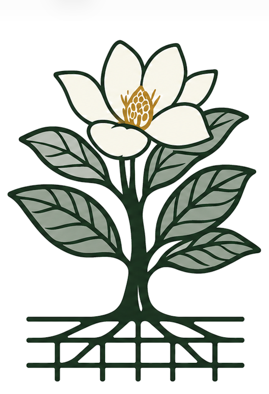 Illustration of a magnolia flower with white petals, green leaves, and visible roots.