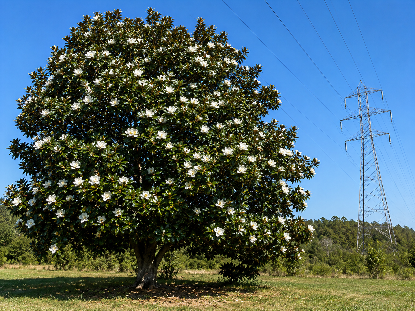 Magnolia tree with white flowers in a grassy field, power transmission tower in the background, clear blue sky.