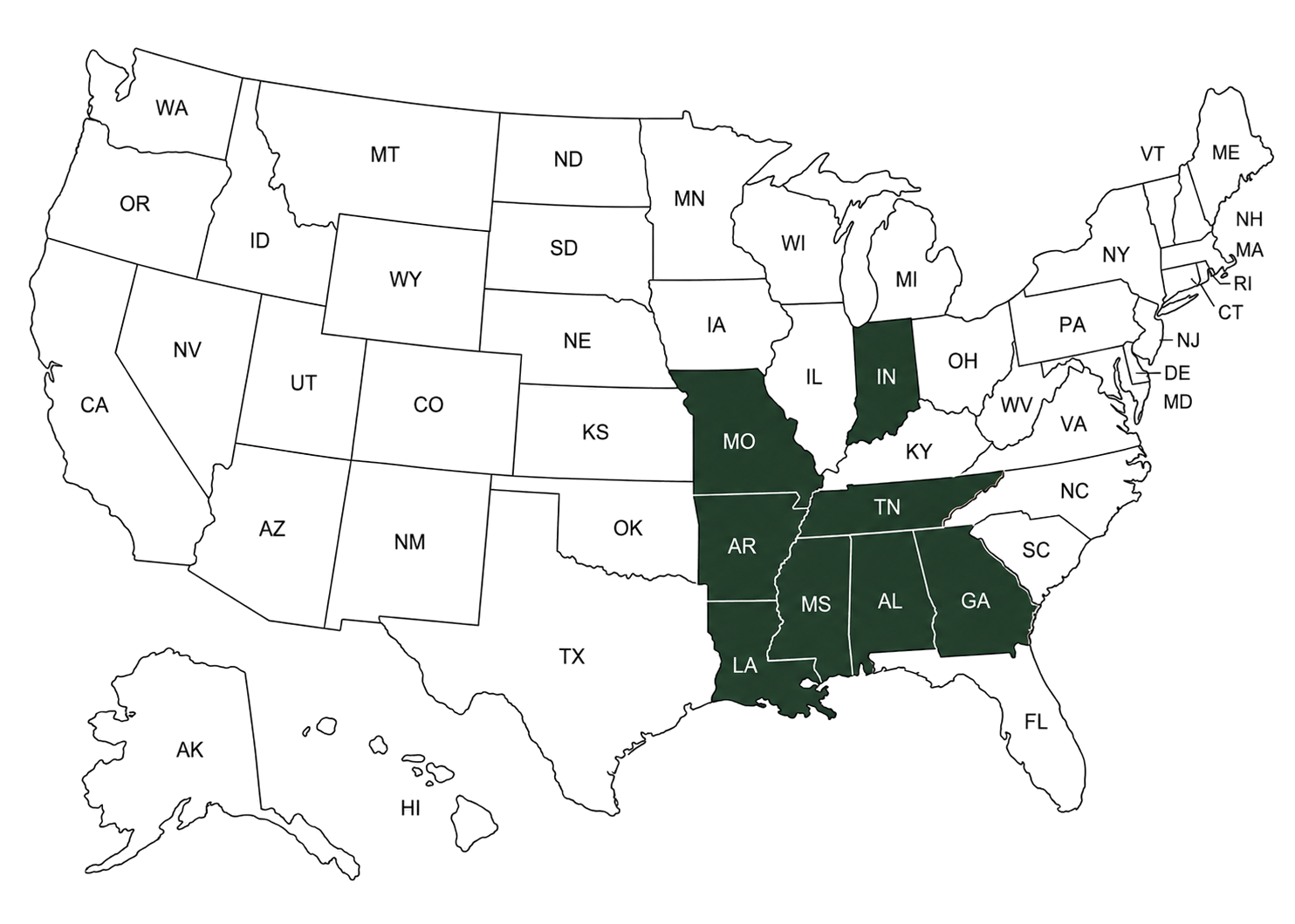A digital map of the United States showing each state with color codes including green, dark green, yellow, and some streaks. State abbreviations are labeled.