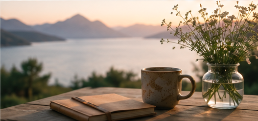 A wooden table with a notebook, a mug, and a glass jar of flowers overlooking a lake with mountains in the background during sunset.