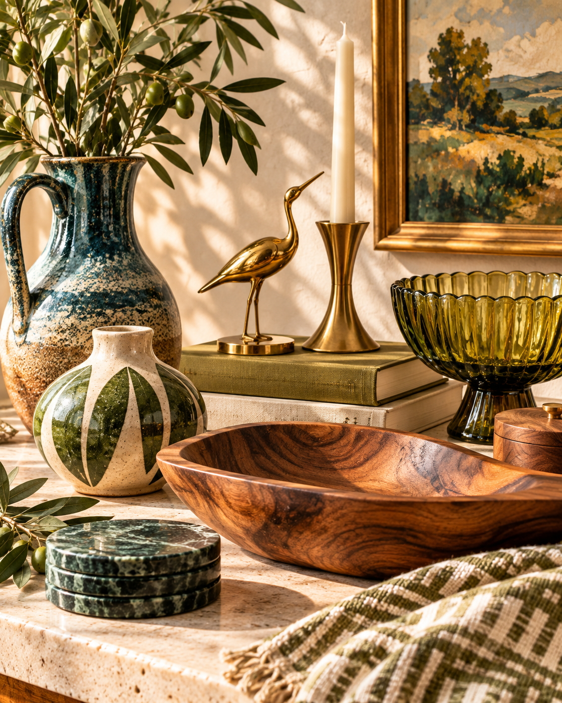 Decorative objects on a marble countertop, including a large ceramic vase with green olives and a leafy plant, a smaller striped vase, a wooden bowl, a green glass bowl, a brass heron figurine, a candle in a brass holder, a stack of coasters, and a painting of a landscape on the wall.